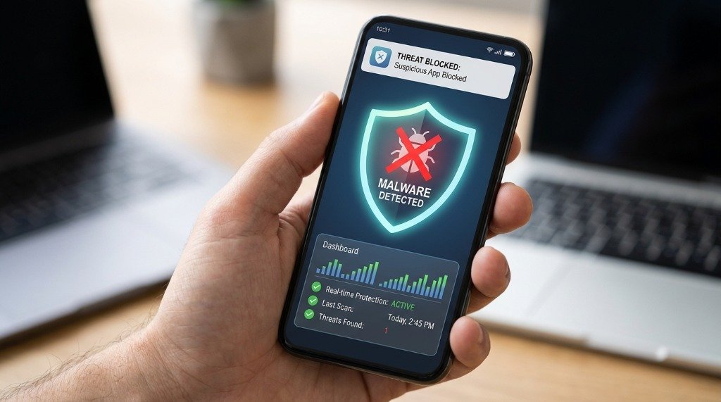Android Antivirus App Dashboard - Threat Blocked & Real-Time Malware Protection
