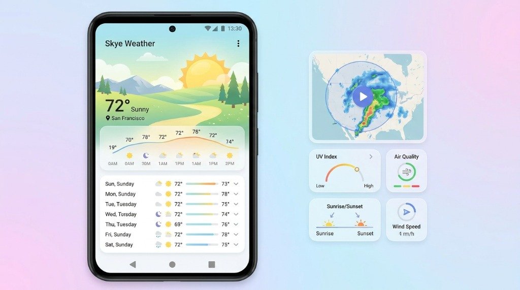 Best Android Weather App Interface with Forecast, UV Index, and Radar Map