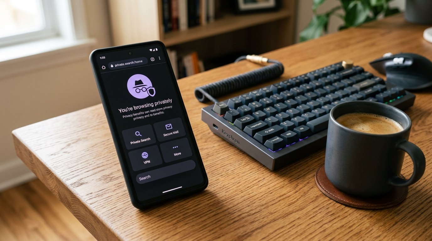 Android private web browser interface with incognito privacy shield