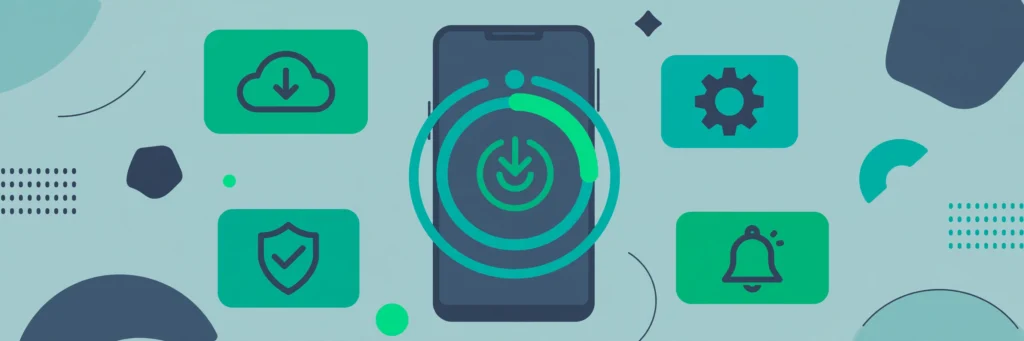 Flat vector illustration of a smartphone receiving a system update, with download, settings, security and notification icons in teal and emerald tones