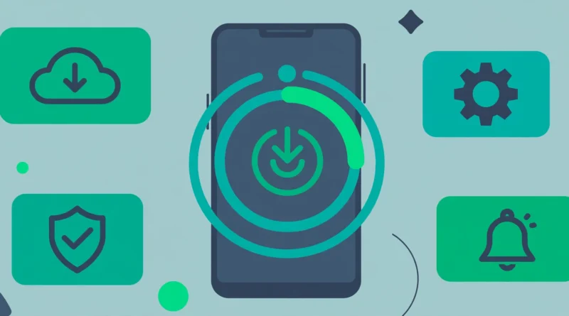 Flat vector illustration of a smartphone receiving a system update, with download, settings, security and notification icons in teal and emerald tones