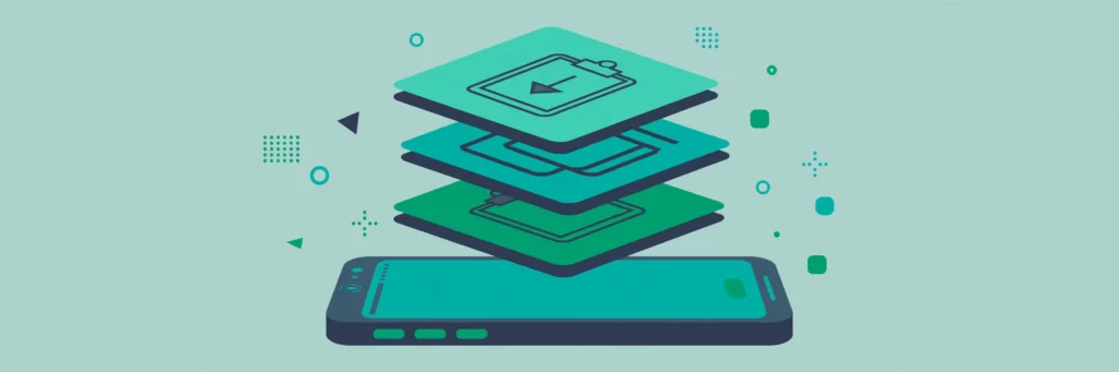 Illustration of a smartphone with stacked clipboard cards above it