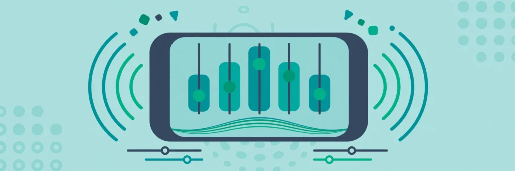 Flat illustration of an audio equalizer with frequency sliders and sound waves on a teal background