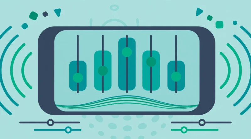 Flat illustration of an audio equalizer with frequency sliders and sound waves on a teal background