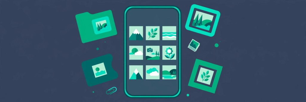 Illustration of a smartphone showing a photo gallery grid with floating album frames
