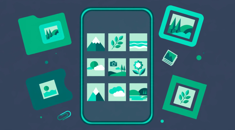 Illustration of a smartphone showing a photo gallery grid with floating album frames