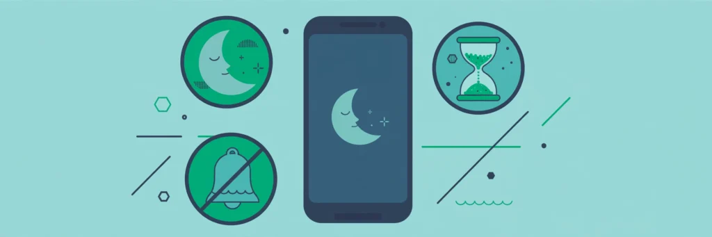 Illustration of a smartphone with a moon, hourglass and muted bell symbol around it