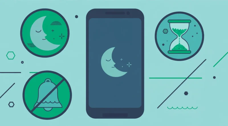 Illustration of a smartphone with a moon, hourglass and muted bell symbol around it