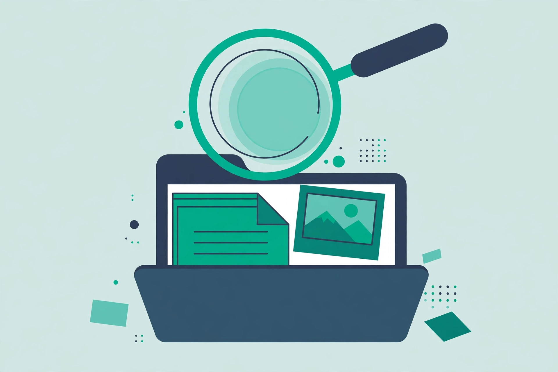 Illustration of a magnifying glass searching a file folder for documents