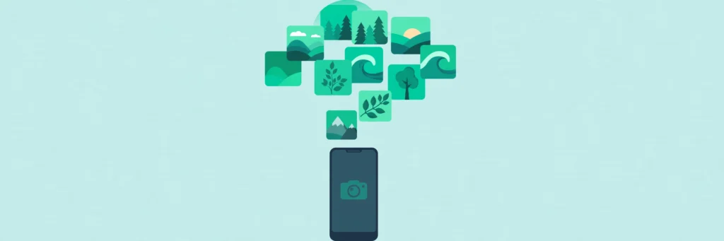 Flat vector illustration of a smartphone with photo thumbnails rising into a cloud shape