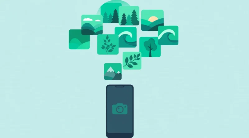 Flat vector illustration of a smartphone with photo thumbnails rising into a cloud shape