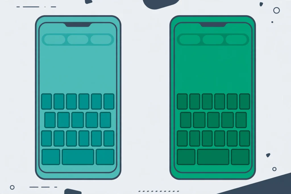 Flat vector illustration of two smartphone keyboards side by side in teal and emerald, representing a Gboard versus SwiftKey comparison