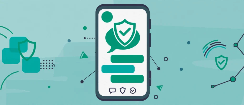 Illustration of a smartphone chat screen protected by a shield icon