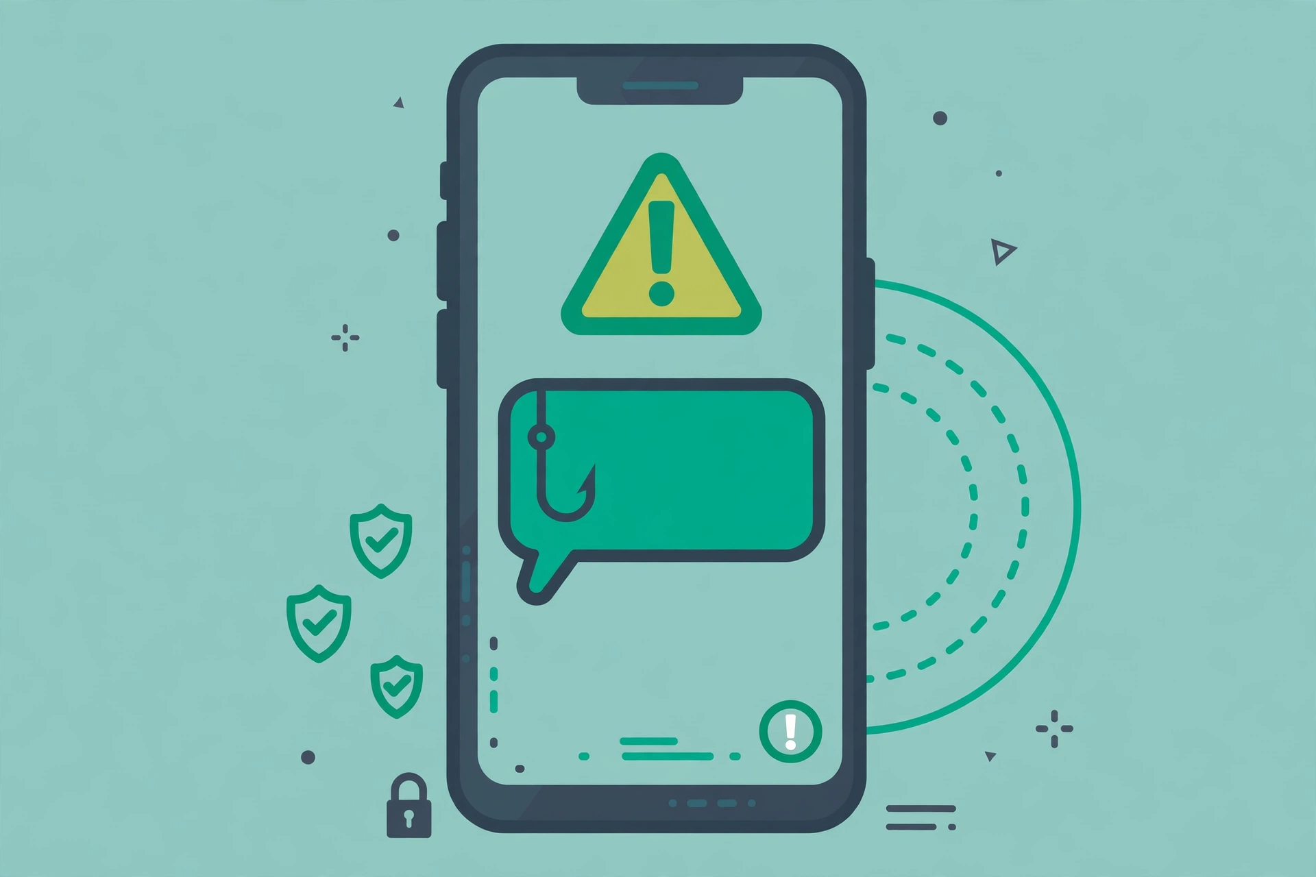 Illustration of a warning alert over a suspicious chat message on a phone