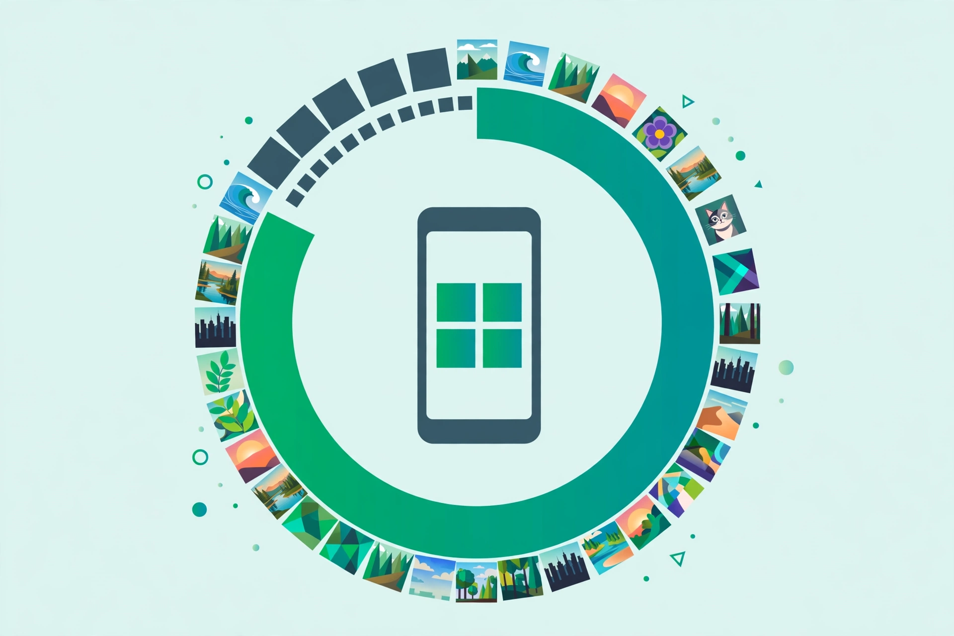 Flat vector illustration of a circular storage gauge filling with photo thumbnails around a phone