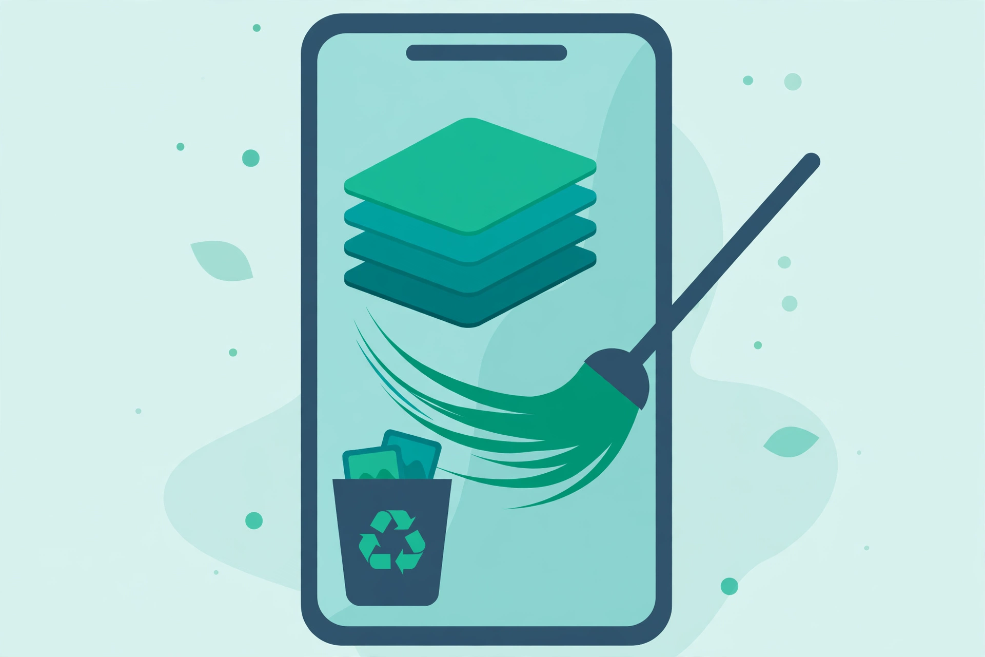 Flat vector illustration of a tidy phone screen with a recycling bin and sorted photo thumbnails