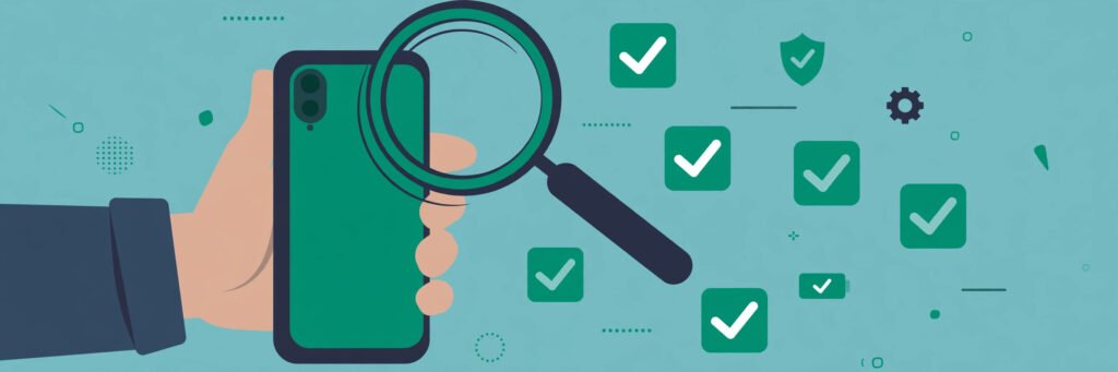 Flat vector illustration of a smartphone being inspected with a magnifying glass before purchase