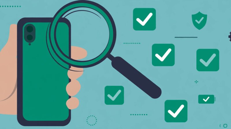 Flat vector illustration of a smartphone being inspected with a magnifying glass before purchase