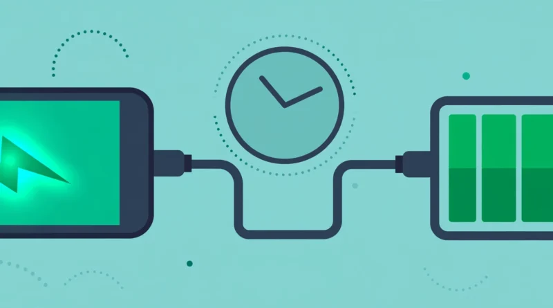 Illustration of a smartphone charging with a lightning bolt and battery gauge