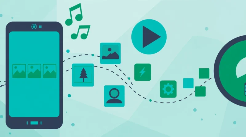 Illustration of a smartphone with photos, videos and apps flowing into a storage gauge
