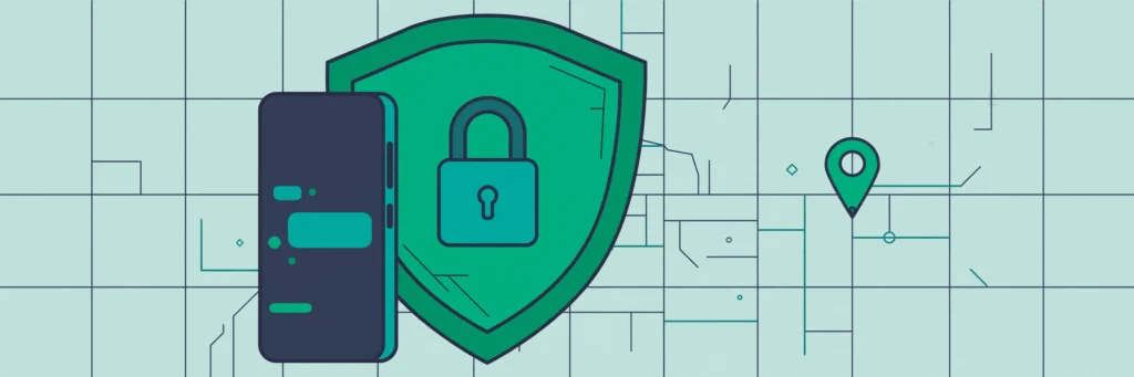Android theft protection setup — smartphone with shield and Find My Device location pin