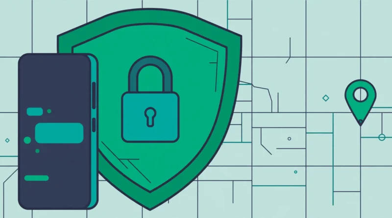 Android theft protection setup — smartphone with shield and Find My Device location pin