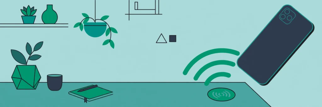 Flat vector illustration of a smartphone tapping an NFC tag on a desk, with wireless signal waves, in teal and emerald tones