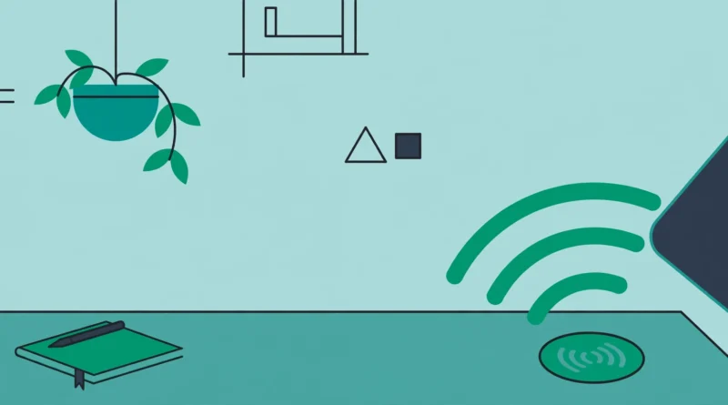 Flat vector illustration of a smartphone tapping an NFC tag on a desk, with wireless signal waves, in teal and emerald tones