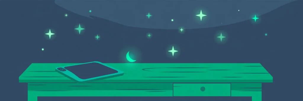 Flat vector illustration of a smartphone on a nightstand with a crescent moon and stars above it