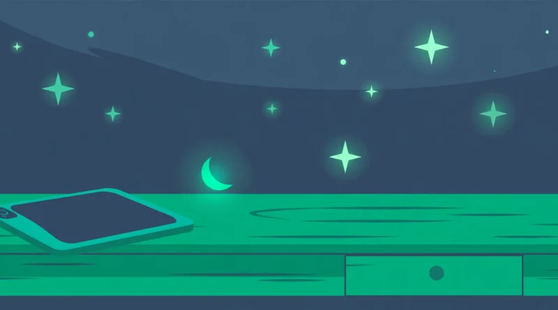 Flat vector illustration of a smartphone on a nightstand with a crescent moon and stars above it