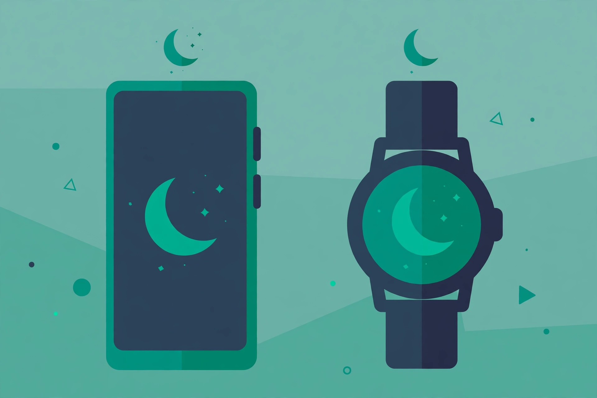 Flat vector illustration comparing a smartphone and a smartwatch under a crescent moon