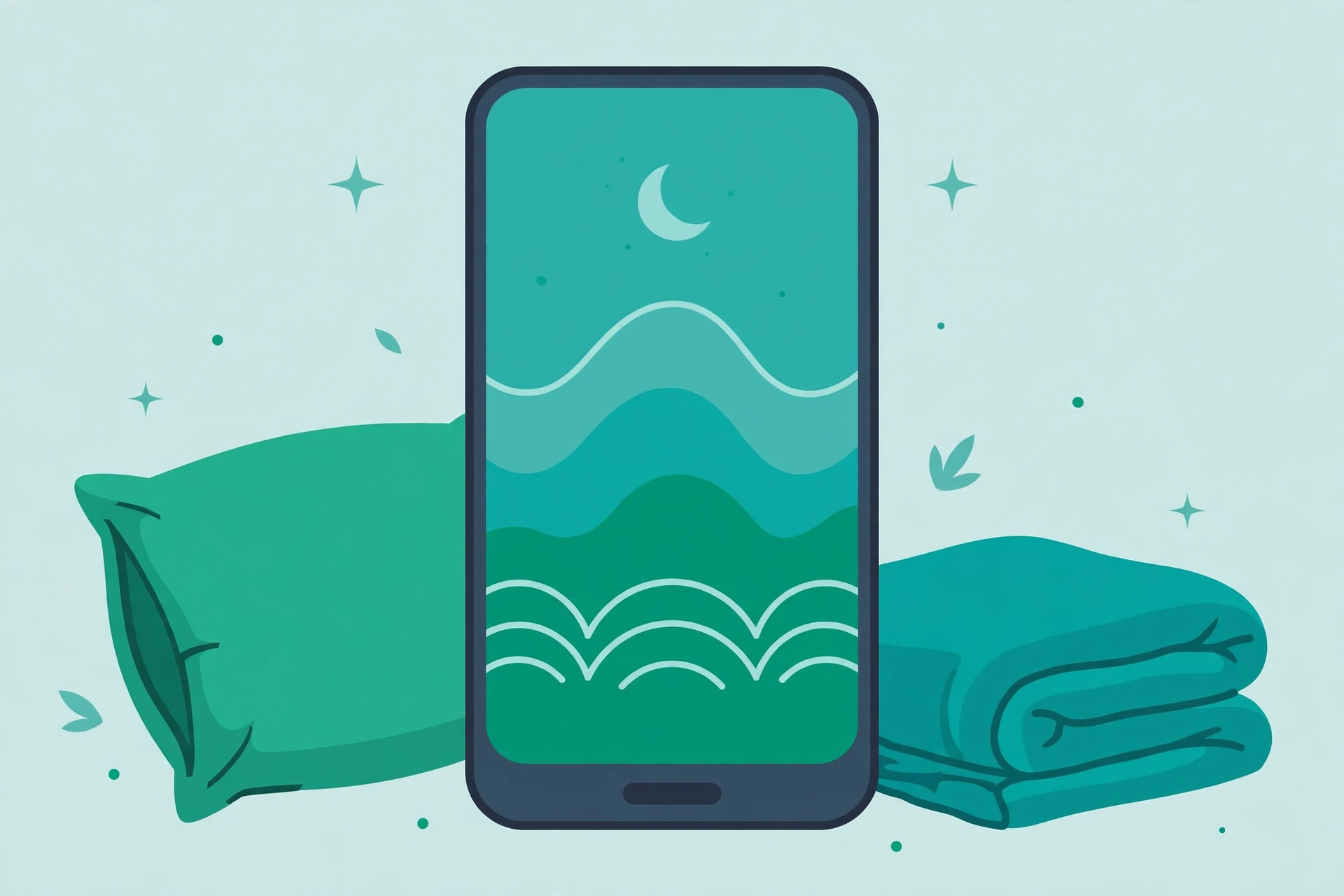 Flat vector illustration of a phone screen showing a stylized sleep cycle chart with a moon